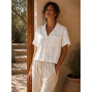 Fabletics Island Terry Boxy Button Up Shirt‎ White Short Sleeve Crop Small NEW